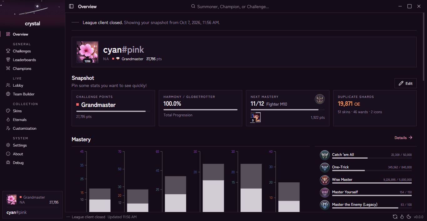 Crystal's overview: your challenge rank, pinned stats and mastery class progress