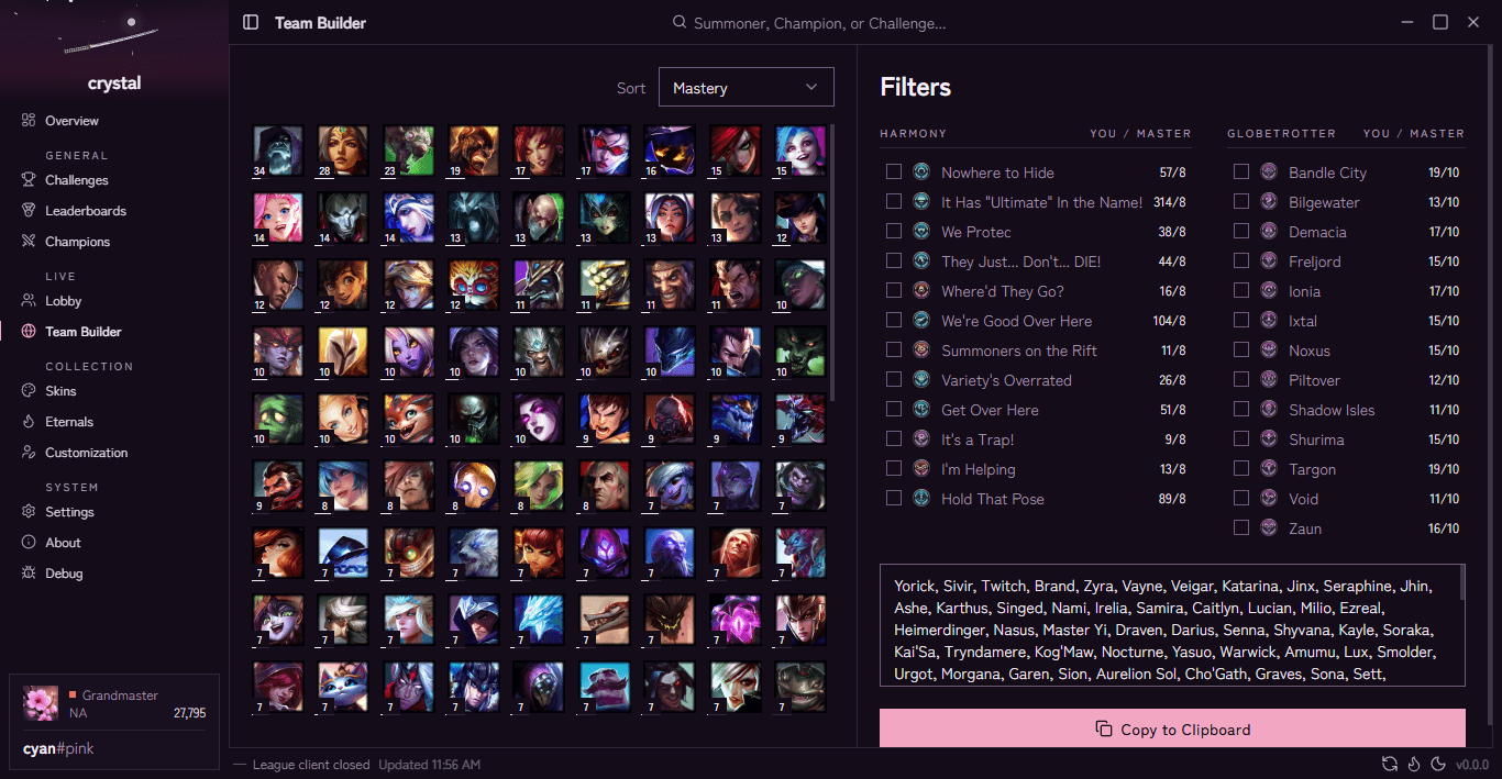 Crystal's Team Builder view